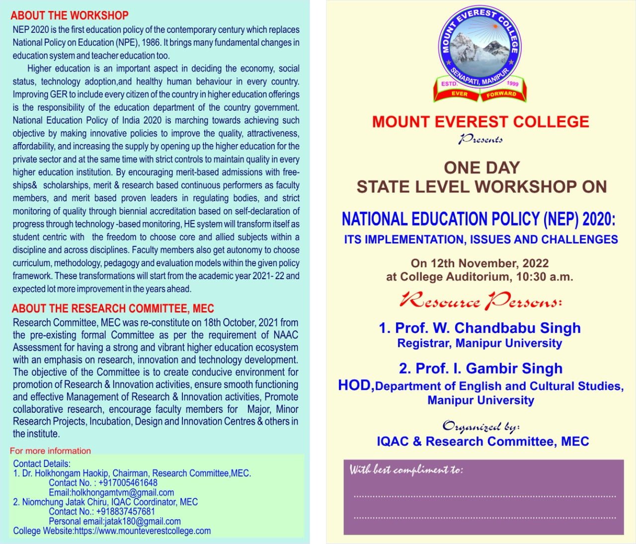 Join us for “One day state level workshop on NEP-2020”: on 12th November, 2022  at College Auditorium, 10:30 a.m.